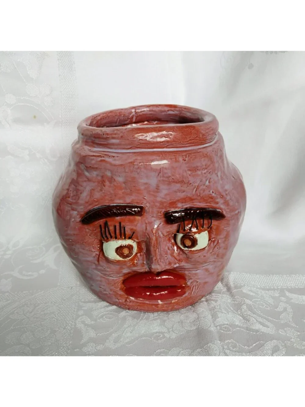Whimsical Ceramic Ugly Face Jug Handmade Carolina Pottery Pink Planter Pot Vase - Picture 10 of 11